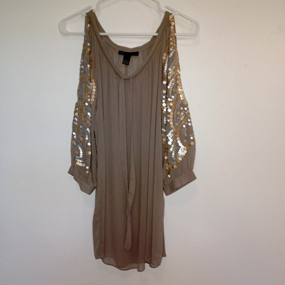 INC Womens Sequin-Embellished Blouse Size 4 Taupe  3/4 Sleeve Bohemia Boho